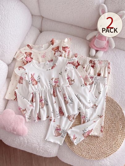SHEIN Vintaside Kids 4pcs/Set Baby Girl Autumn Outfit Cute Rabbit & Bear Print Long Sleeve Ruffle Top With Pants Casual Home Wear