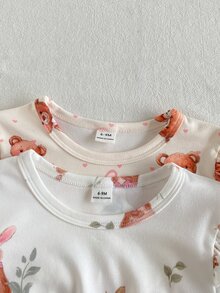 SHEIN Vintaside Kids 4pcs/Set Baby Girl Autumn Outfit Cute Rabbit & Bear Print Long Sleeve Ruffle Top With Pants Casual Home Wear - Multicolor - View 4