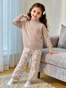 High Neck Leopard Print Jacquard Sweater & Pants Set For Young Girl (Small) - Brown - View 1