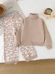 High Neck Leopard Print Jacquard Sweater & Pants Set For Young Girl (Small) - Brown - View 8