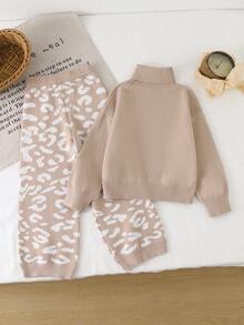 High Neck Leopard Print Jacquard Sweater & Pants Set For Young Girl (Small) - Brown - View 2