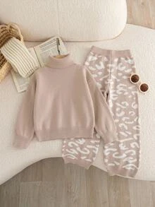 High Neck Leopard Print Jacquard Sweater & Pants Set For Young Girl (Small) - Brown - View 7