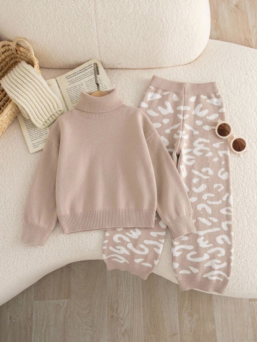 High Neck Leopard Print Jacquard Sweater & Pants Set For Young Girl (Small) - Brown - View 1