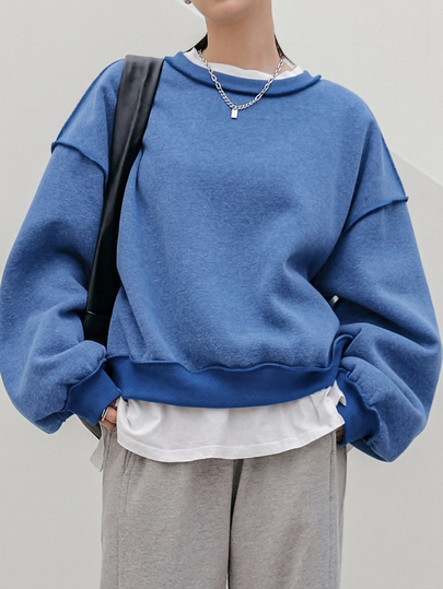 Dazy-Less Women's Crew Neck Solid Blue Drop Shoulder Loose Long Sleeve 2 In 1 Pullover Casual Sweatshirt