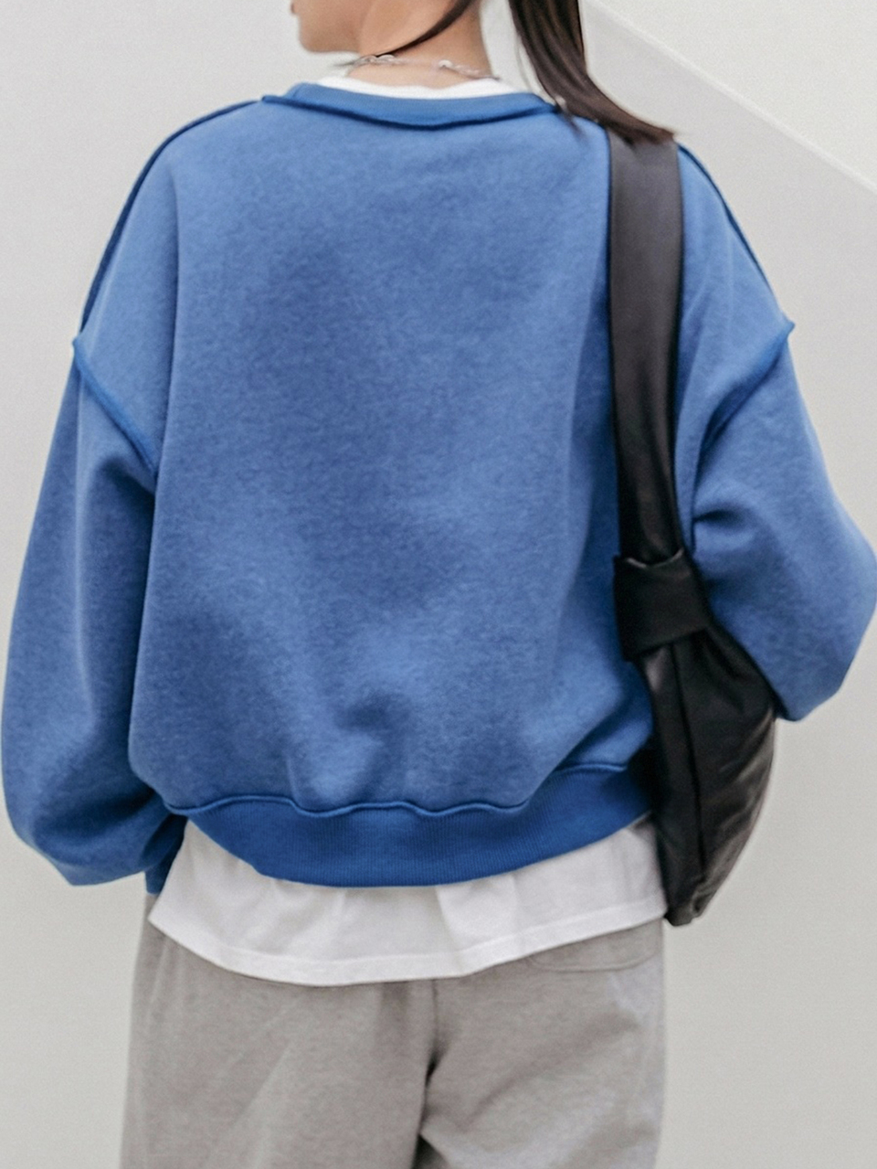 Women's Crew Neck Solid Blue Drop Shoulder Loose Long Sleeve 2 In 1 Pullover Casual Sweatshirt
