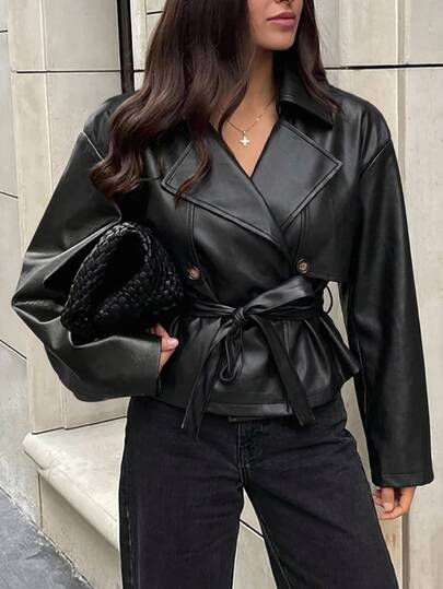 Aloruh Autumn/Winter Versatile Khaki Cinched Waist Short Trench Coat Jacket For Women