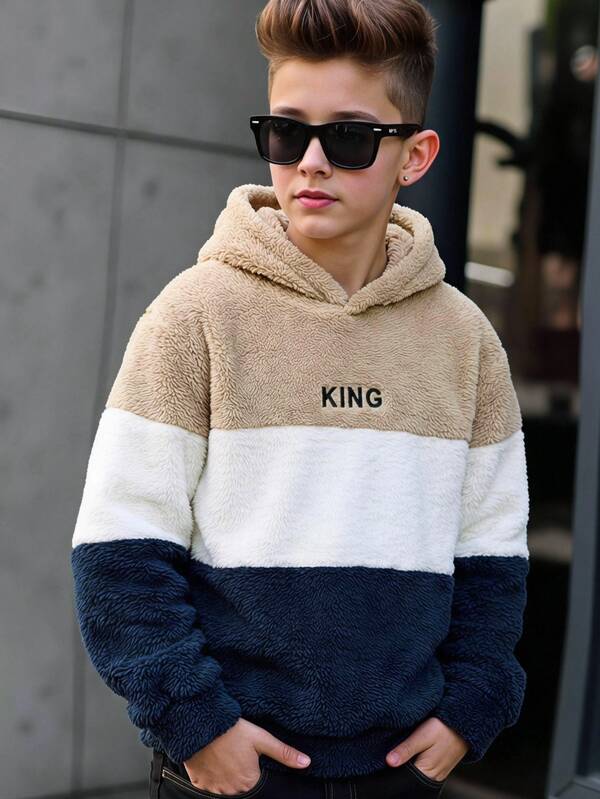 SHEIN Tween Boy Casual Embroidered Plush Patchwork Contrast Color Hooded Sweatshirt, Suitable For Commuting, School, Daily Casual, Sports, Street Style, Autumn/Winter