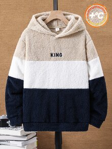 SHEIN كنزة هوديي كاجوال مطرزة من الفرو المخملي بتصميم باتشوورك وألوان متباينة للأولاد المراهقين، مناسبة للتنقل والمدرسة والاستخدام اليومي والرياضة وأسلوب الشارع، خريف/شتاء - لون مشمشي - مشاهدة 5