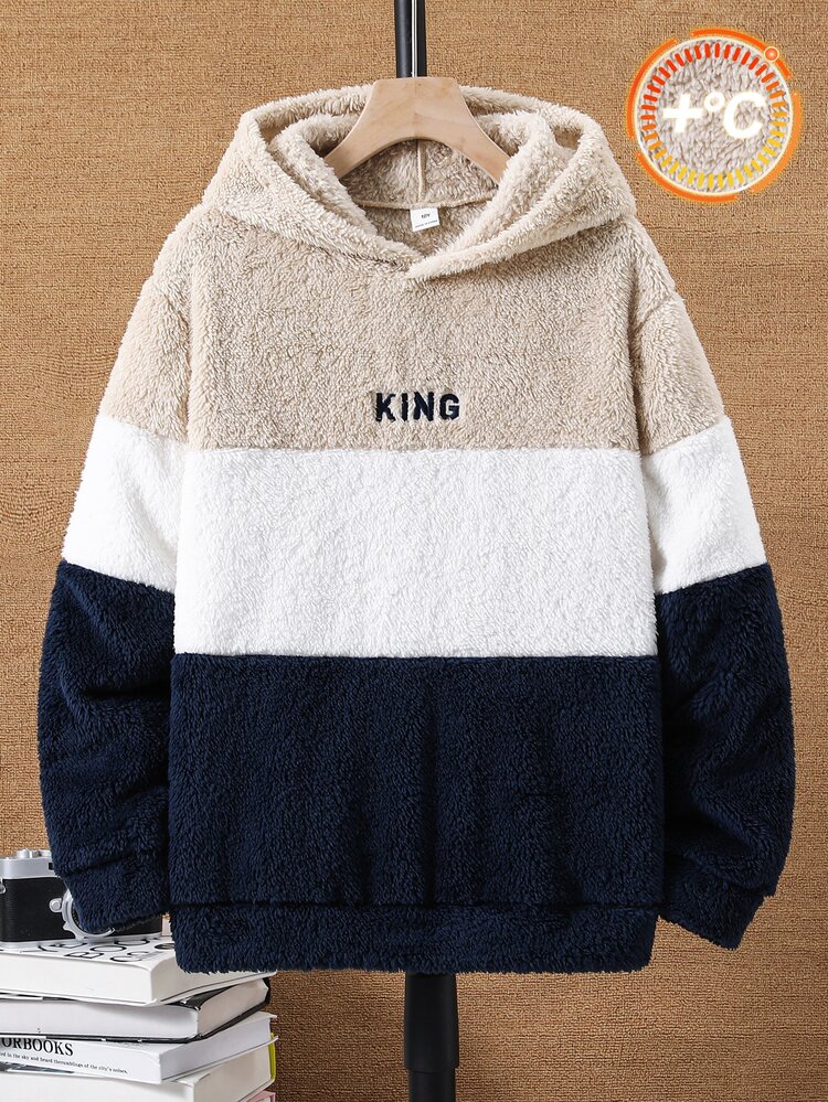 SHEIN Tween Boy Casual Embroidered Plush Patchwork Contrast Color Hooded Sweatshirt, Suitable For Commuting, School, Daily Casual, Sports, Street Style, Autumn/Winter - Apricot - View 3