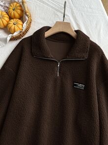 Comfortcana Plus Size Women Chocolate Brown Letter Graphic Zip-Up Half Placket Fleece Sweatshirt, Autumn/Winter - Chocolate Brown - View 6