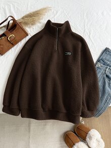 Comfortcana Plus Size Women Chocolate Brown Letter Graphic Zip-Up Half Placket Fleece Sweatshirt, Autumn/Winter - Chocolate Brown - View 1
