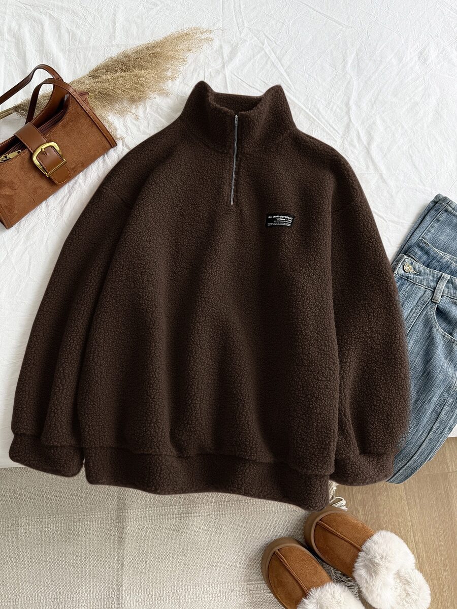 Comfortcana Plus Size Women Chocolate Brown Letter Graphic Zip-Up Half Placket Fleece Sweatshirt, Autumn/Winter - Chocolate Brown - View 1