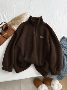 Comfortcana Plus Size Women Chocolate Brown Letter Graphic Zip-Up Half Placket Fleece Sweatshirt, Autumn/Winter - Chocolate Brown - View 5