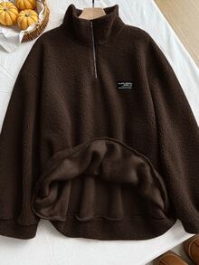 Comfortcana Plus Size Women Chocolate Brown Letter Graphic Zip-Up Half Placket Fleece Sweatshirt, Autumn/Winter - Chocolate Brown - View 8