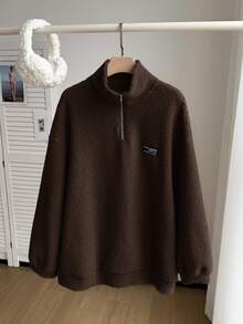 Comfortcana Plus Size Women Chocolate Brown Letter Graphic Zip-Up Half Placket Fleece Sweatshirt, Autumn/Winter - Chocolate Brown - View 4