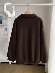 Comfortcana Plus Size Women Chocolate Brown Letter Graphic Zip-Up Half Placket Fleece Sweatshirt, Autumn/Winter - Chocolate Brown - View 2