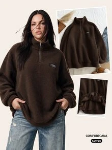 Comfortcana Plus Size Women Chocolate Brown Letter Graphic Zip-Up Half Placket Fleece Sweatshirt, Autumn/Winter - Chocolate Brown - View 3