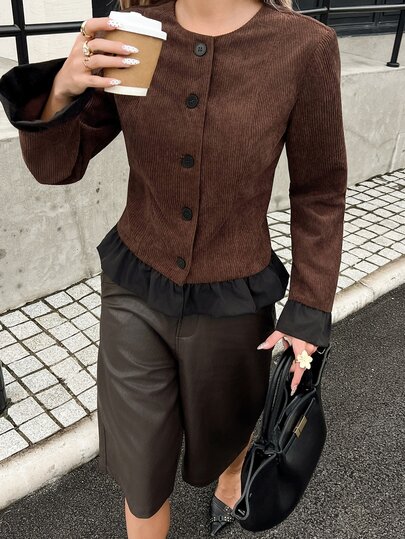 Siren Gaze Chaqueta de punto de pana estilo commuter para mujer, nueva moda de otoño, versátil con patchwork y ribete de volantes
