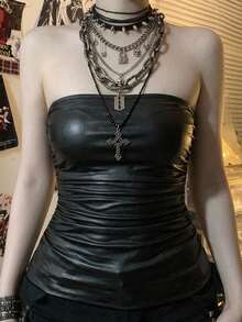 Attitoon Faux Stretch-Leather Black Pleated Strapless Top - Black - View 1