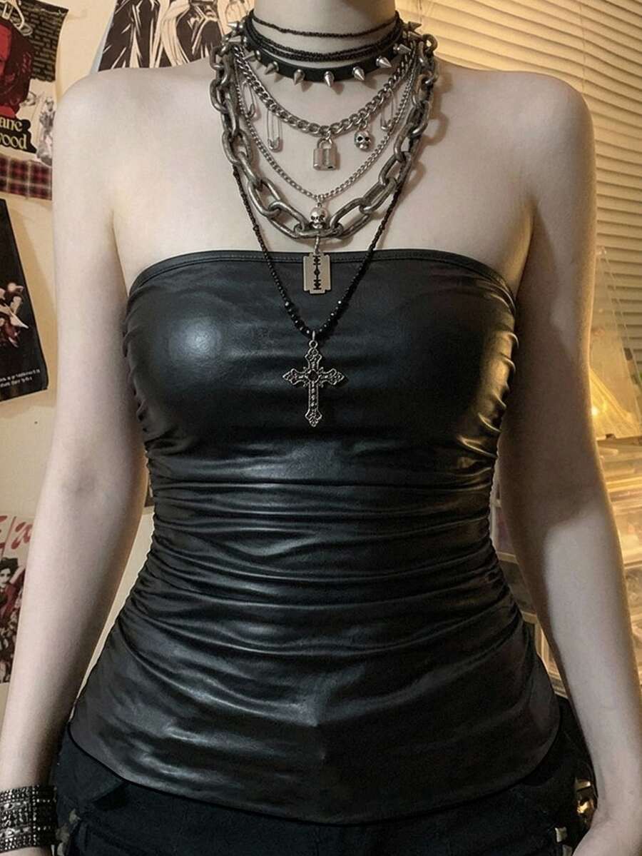 Attitoon Faux Stretch-Leather Black Pleated Strapless Top - Black - View 1