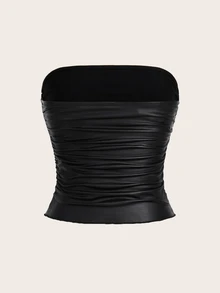 Attitoon Faux Stretch-Leather Black Pleated Strapless Top - Black - View 2