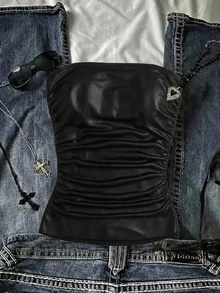 Attitoon Faux Stretch-Leather Black Pleated Strapless Top - Black - View 6