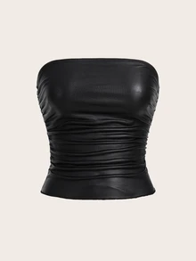 Attitoon Faux Stretch-Leather Black Pleated Strapless Top - Black - View 8