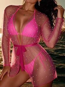 Swim SXY Women Kimonos Manik manik Berikat Mutiara Sheer Plain - Hot Pink - View 2