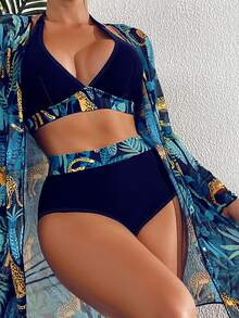 Swim Lushoire 女士夏季沙滩热带植物印花露背系带性感比基尼套装，含和服罩衫 - 彩色 - 查看 4