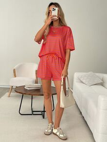 SHEIN LUNE 女款休閒彩色條紋夏季度假通勤日常基礎時尚外出套裝 短袖短褲兩件組 - 彩色 - 查看 6