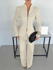 Siren Gaze Women's Solid Color Frog Button Placket Long Sleeve Jacket And Pants Elegant Suit Set - White - View 1