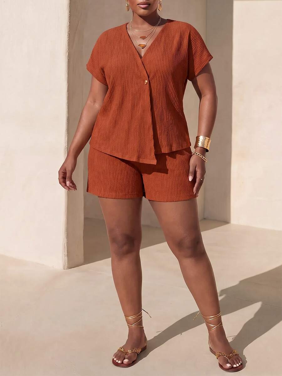Zivah Burnt Orange Plus Size Women's Summer 2-Piece Set,Smart Casual Elegant Vacation Wedding Bussines Ninang Knit Short Sleeve Top Asymmetrical Hem Shorts
