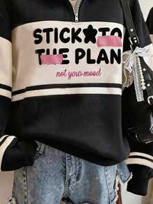 Lalippa Women's Outerwear Top, New Autumn/Winter Style, Fashionable Versatile, Patterned, Multi-Color Contrast Design, Letter Print, Student, Regular Fit Sweatshirt - Black - View 3