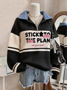 Lalippa Women's Outerwear Top, New Autumn/Winter Style, Fashionable Versatile, Patterned, Multi-Color Contrast Design, Letter Print, Student, Regular Fit Sweatshirt - Black - View 1