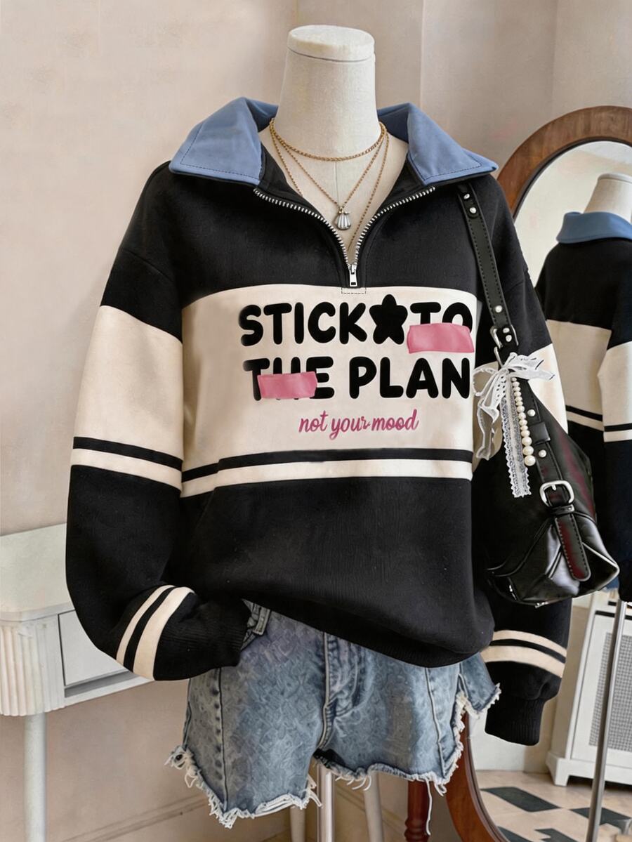 Lalippa Women's Outerwear Top, New Autumn/Winter Style, Fashionable Versatile, Patterned, Multi-Color Contrast Design, Letter Print, Student, Regular Fit Sweatshirt - Black - View 1