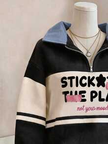 Lalippa Women's Outerwear Top, New Autumn/Winter Style, Fashionable Versatile, Patterned, Multi-Color Contrast Design, Letter Print, Student, Regular Fit Sweatshirt - Black - View 4