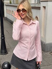 SHEIN EZwear 女款白色收腰褶皺襯衫 - 粉色 - 查看 3