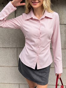SHEIN EZwear 女款白色收腰褶皺襯衫 - 粉色 - 查看 5