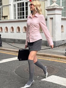 SHEIN EZwear 女款白色收腰褶皺襯衫 - 粉色 - 查看 7