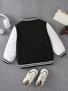 SHEIN 男童時尚黑白拼色 A 字字母貼飾棉墊夾克外套，休閒日常穿著，適合上學，秋冬季 - 黑與白 - 查看 2