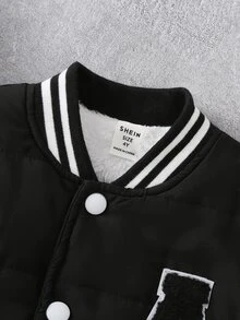 SHEIN 男童時尚黑白拼色 A 字字母貼飾棉墊夾克外套，休閒日常穿著，適合上學，秋冬季 - 黑與白 - 查看 6