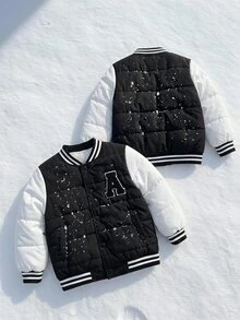 SHEIN 男童時尚黑白拼色 A 字字母貼飾棉墊夾克外套，休閒日常穿著，適合上學，秋冬季 - 黑與白 - 查看 1