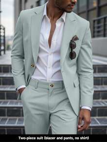 Manfinity Mode Men's Solid Color Single-Breasted Long Sleeve Blazer And Pants Casual Commuter Suit Set, Formal - Mint Green - View 5