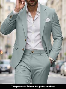 Manfinity Mode Men's Solid Color Single-Breasted Long Sleeve Blazer And Pants Casual Commuter Suit Set, Formal - Mint Green - View 1