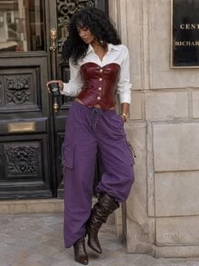 Modviera Women's Drawstring Waist Pocket Loose Outdoor Hiking Pants - Purple - View 7