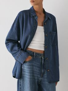 YARNWELL Jaket Denim Longgar Wanita dengan Kerah dan Kancing - Medium Wash - View 5