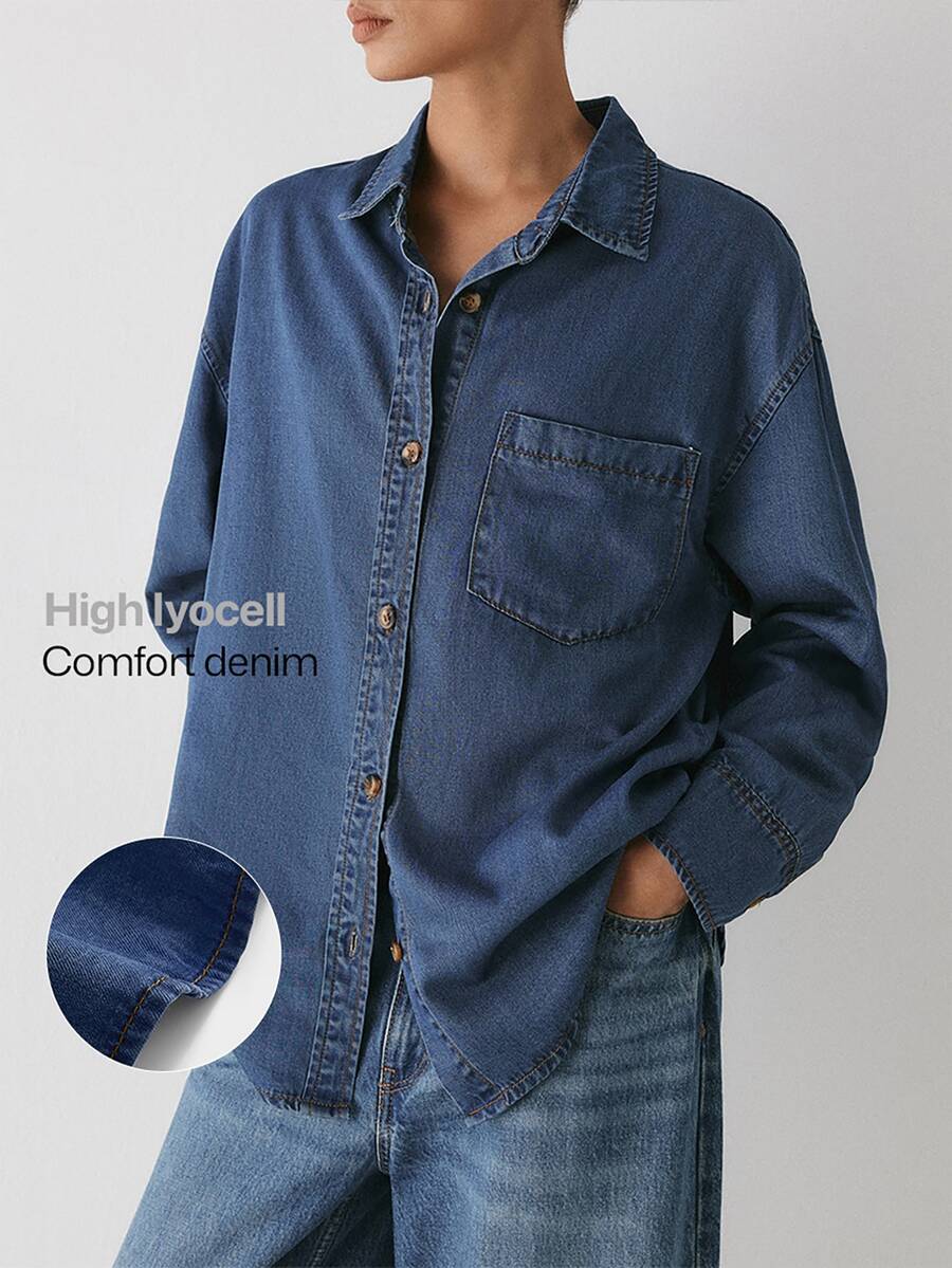 YARNWELL Jaket Denim Longgar Wanita dengan Kerah dan Kancing