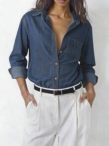 YARNWELL Jaket Denim Longgar Wanita dengan Kerah dan Kancing - Medium Wash - View 9