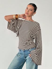 Siren Gaze 女款秋冬條紋拼色開衩袖口T恤，適合旅行穿著 - 棕色 - 查看 5