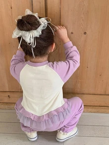 Dazy Kids Young Girls' Bow Decor Cute Colorblock Long Sleeve Sweatshirt Top + Cuffed Long Pants Autumn/Winter Sweatshirt Set - Purple - View 7